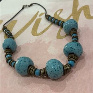 Blue Ceramic Round Or Speckled Stone Cold Touch Large Beaded Vintage Necklace